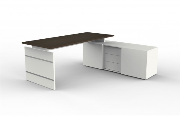 Form 4 Komplettarbeitsplatz, Eckkombination aus Schreibtisch und Sideboard, Weiß / Wenge